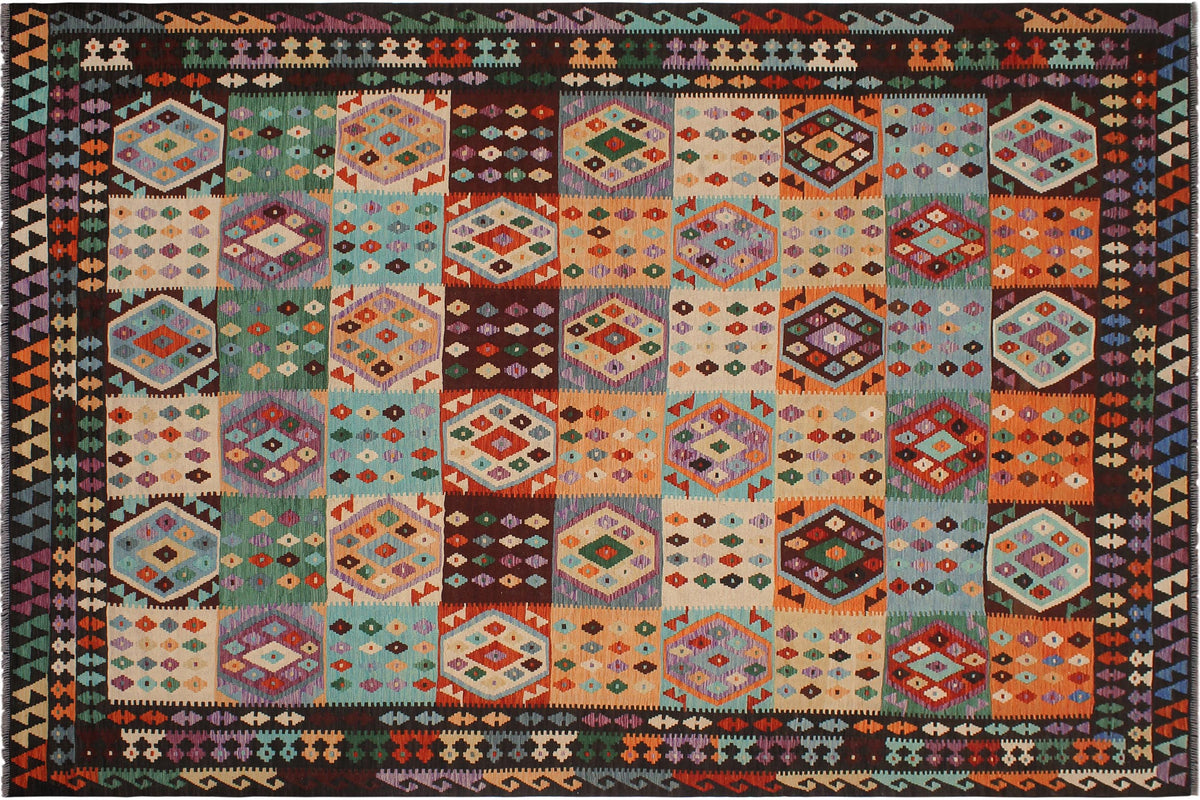 9x12 hand woven Turkish Kilim wool rug in blue and brown - Rustic Lovetta Turkish