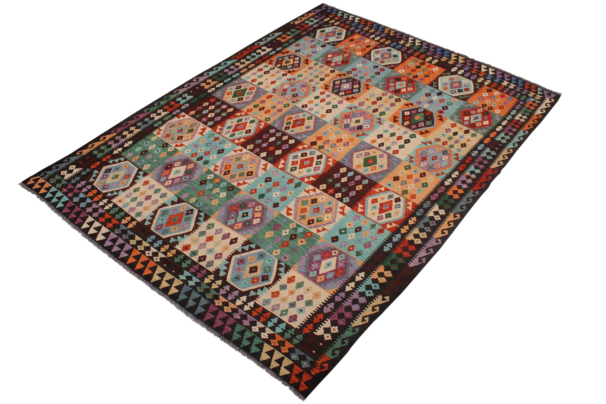 handmade Geometric Kilim Blue Brown Hand-Woven RECTANGLE 100% WOOL area rug 9 x 11