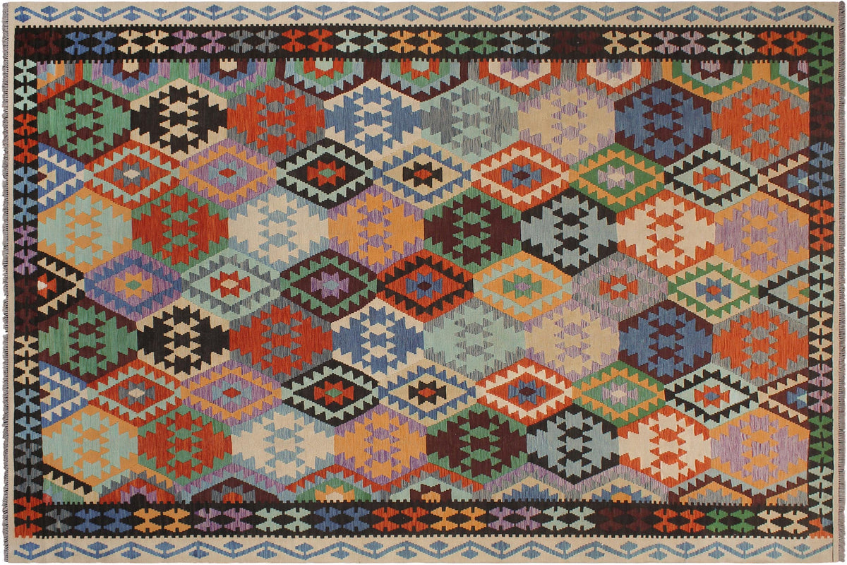 9x11 hand woven Turkish Kilim wool rug in rust and black - Tribal Shera Turkish