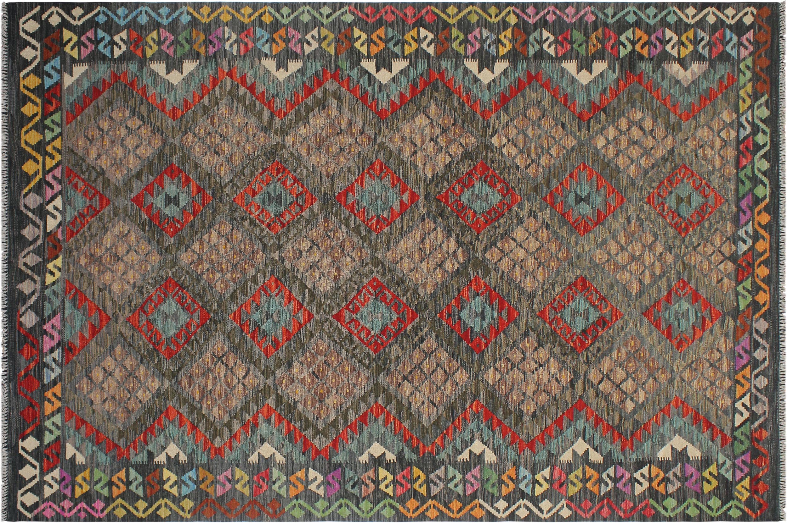 handmade Geometric Kilim Charcoal Green Hand-Woven RECTANGLE 100% WOOL area rug 7 x 10