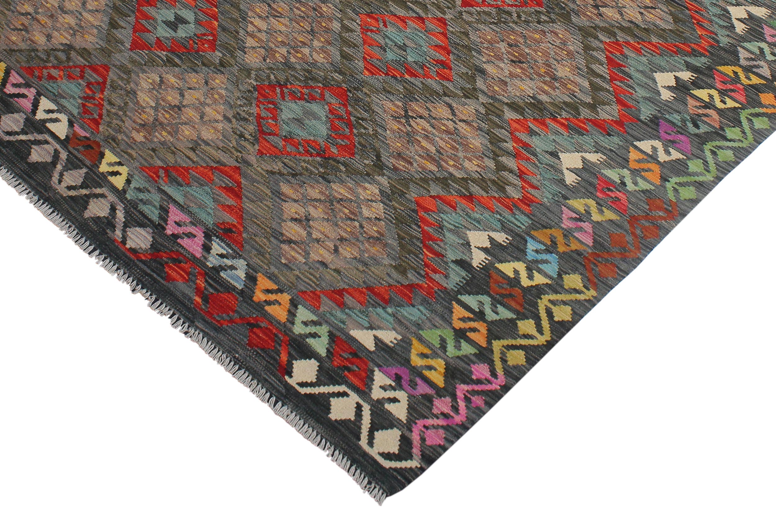handmade Geometric Kilim Charcoal Green Hand-Woven RECTANGLE 100% WOOL area rug 7 x 10