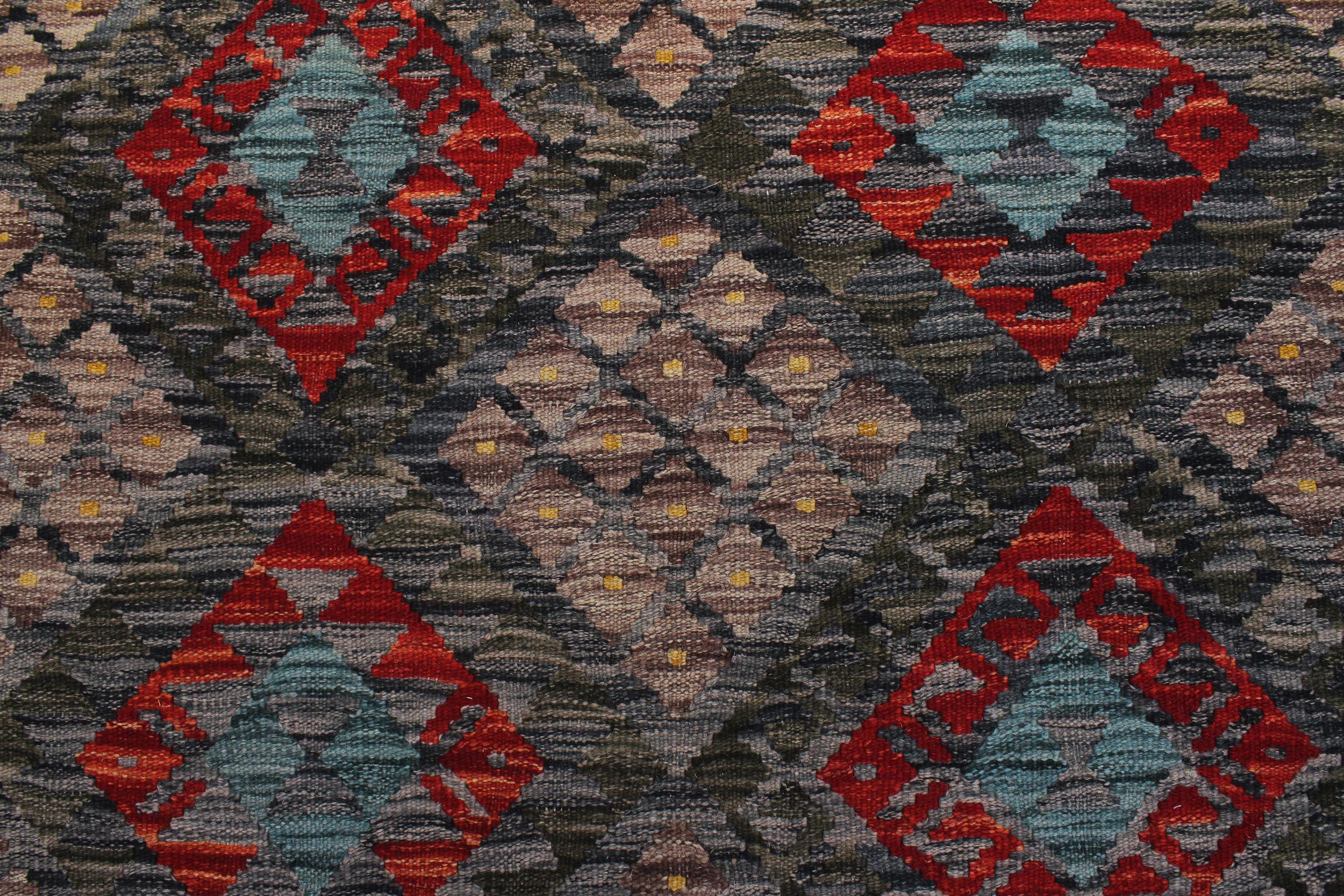 handmade Geometric Kilim Charcoal Green Hand-Woven RECTANGLE 100% WOOL area rug 7 x 10