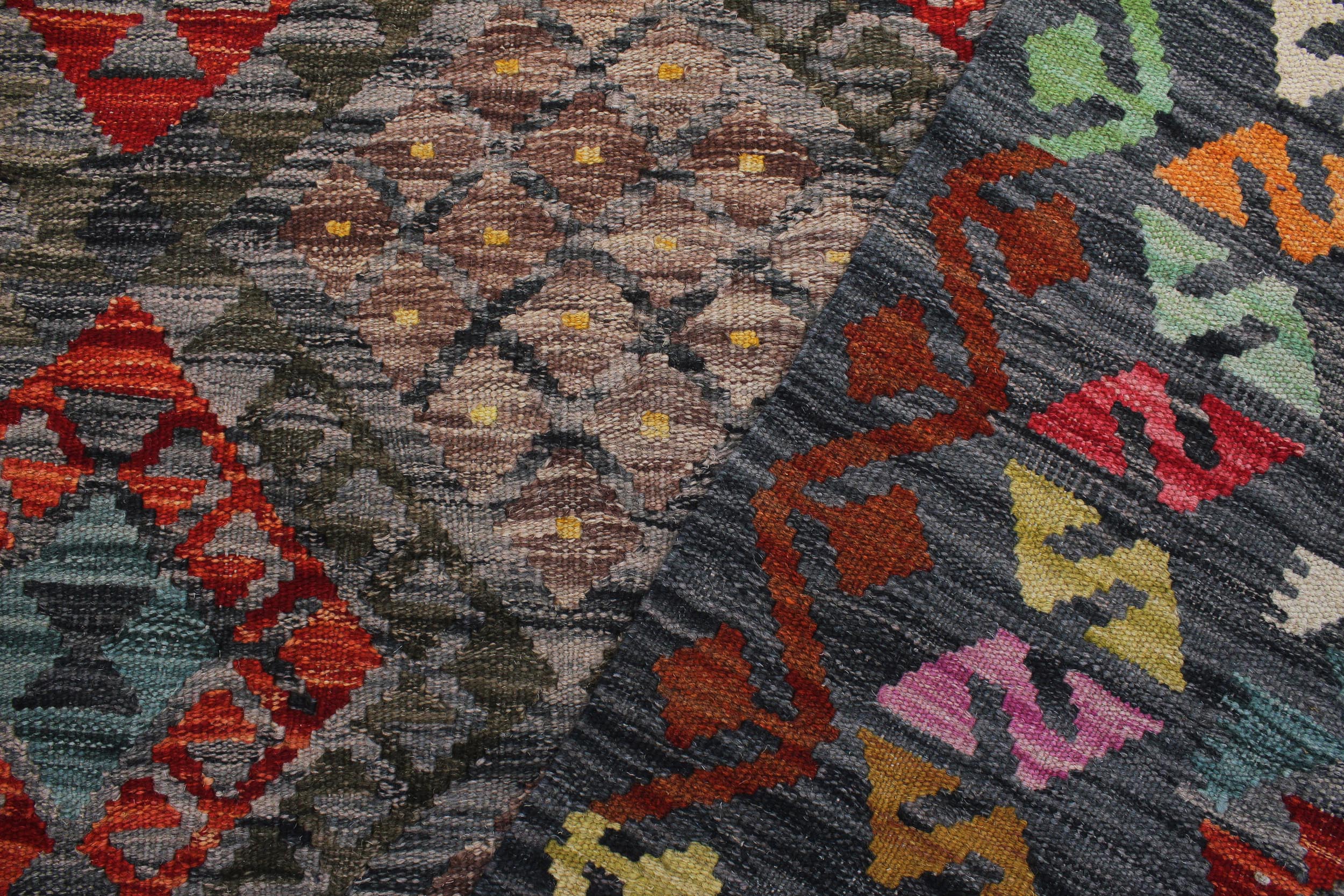 handmade Geometric Kilim Charcoal Green Hand-Woven RECTANGLE 100% WOOL area rug 7 x 10