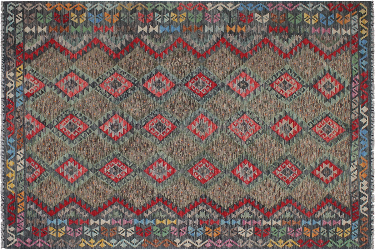 8x10 hand woven Turkish Kilim wool rug in green and charcoal - Chic Iliana Turkish