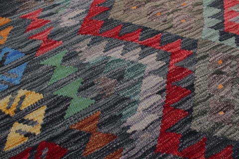 handmade Geometric Kilim Green Charcoal Hand-Woven RECTANGLE 100% WOOL area rug 8 x 10