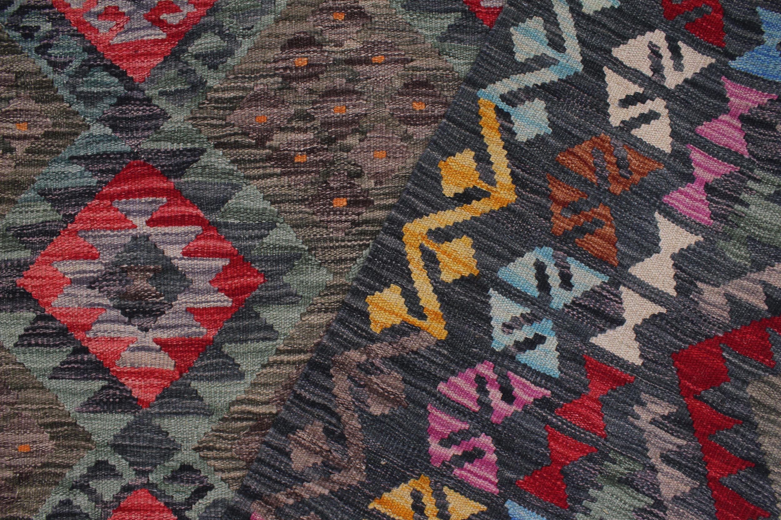 handmade Geometric Kilim Green Charcoal Hand-Woven RECTANGLE 100% WOOL area rug 8 x 10