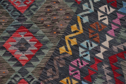 handmade Geometric Kilim Green Charcoal Hand-Woven RECTANGLE 100% WOOL area rug 8 x 10