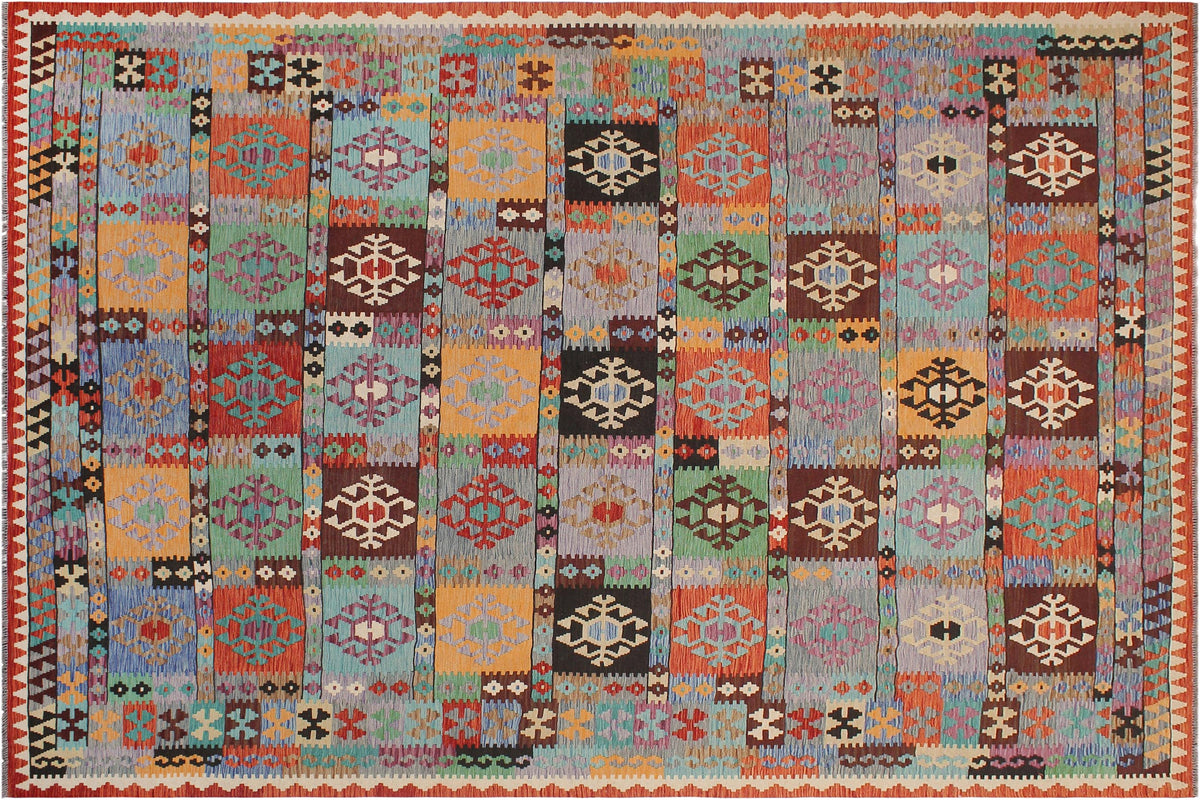 8x11 hand woven Turkish Kilim wool rug in blue and rust - Rustic Nita Turkish