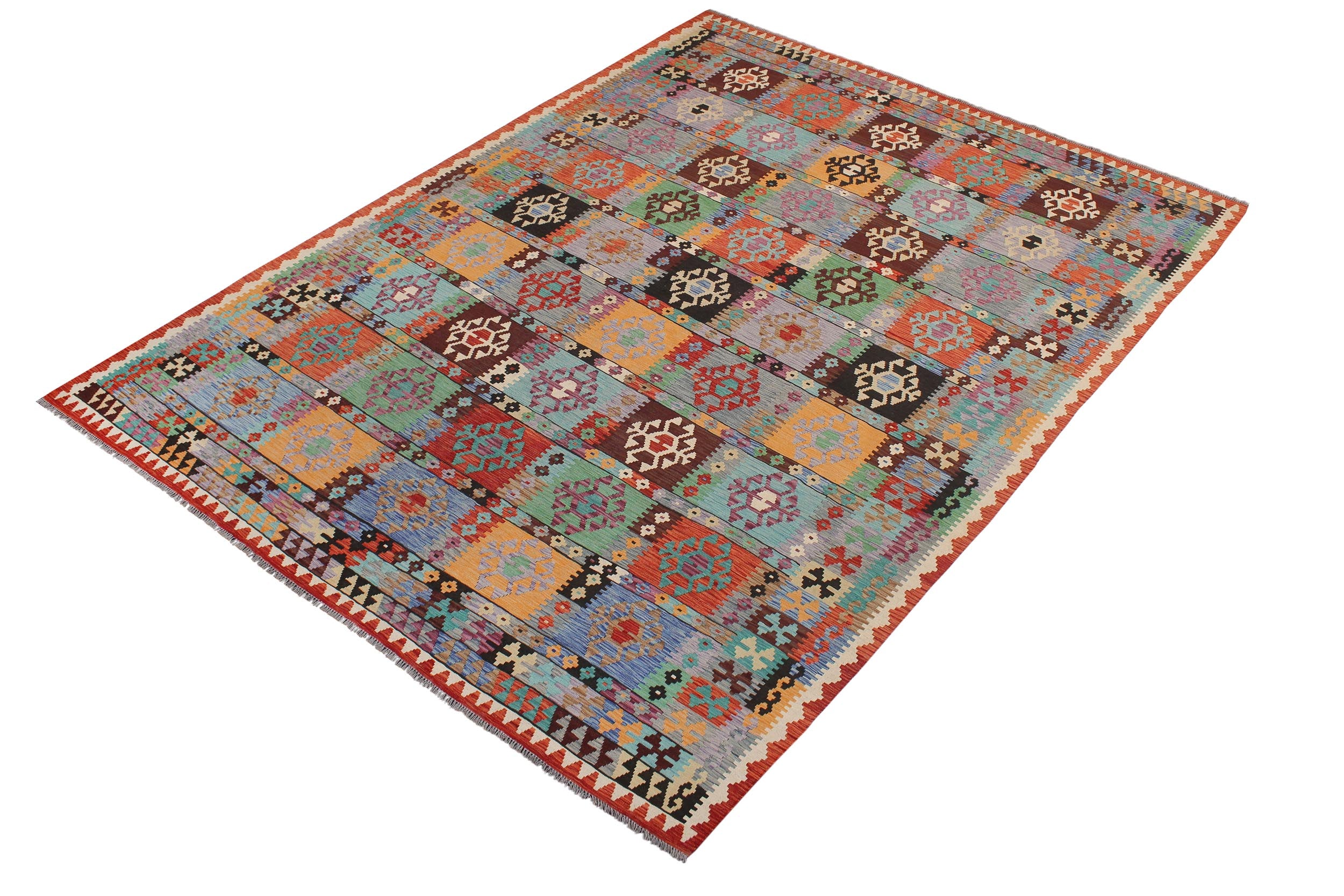 handmade Geometric Kilim Blue Rust Hand-Woven RECTANGLE 100% WOOL area rug 8 x 11