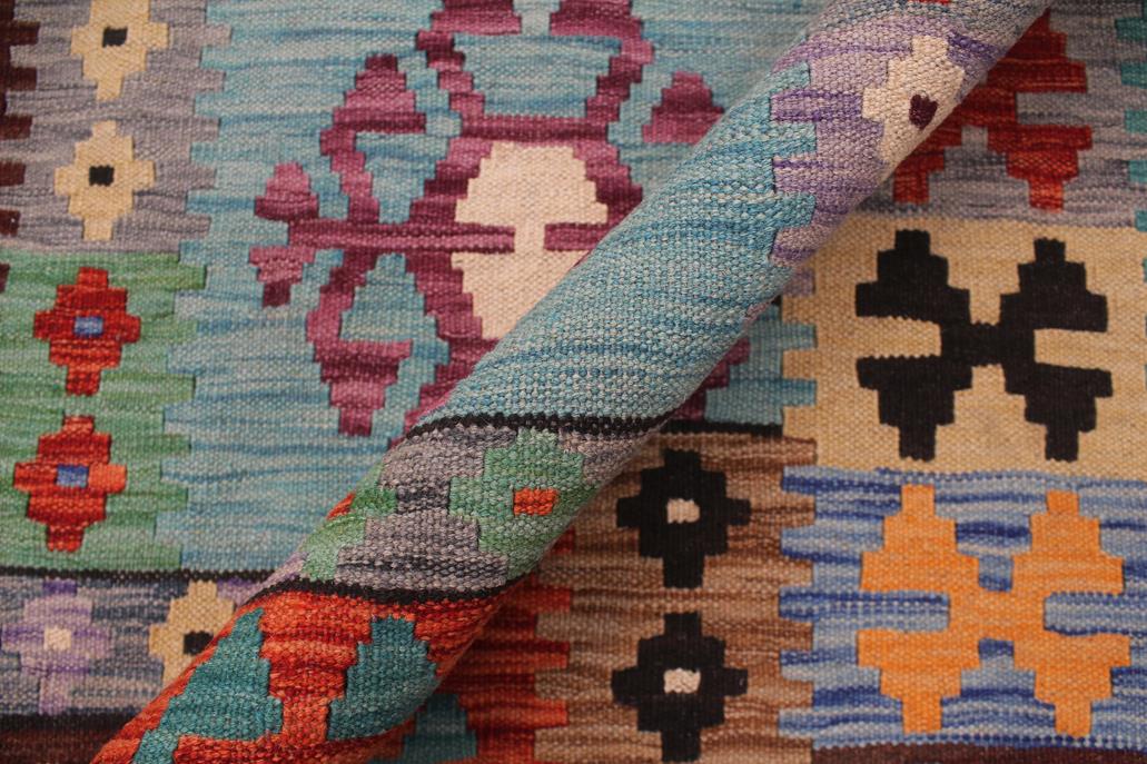 Flat Weave Kilim Antique Navaho Vintage handmade Geometric Kilim Blue Rust Hand-Woven Rectangle 100% Wool Area Rug 8x11 