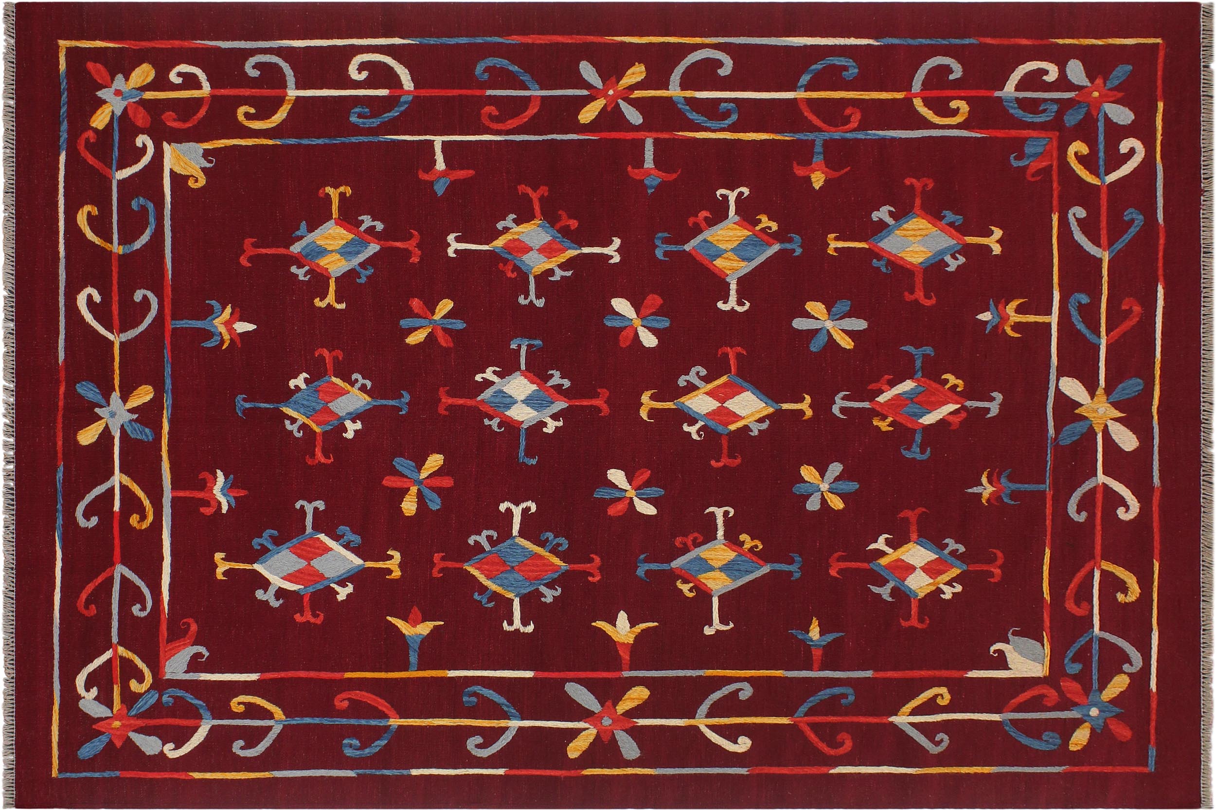 handmade Geometric Kilim Red Blue Hand-Woven RECTANGLE 100% WOOL area rug 6' x 7'