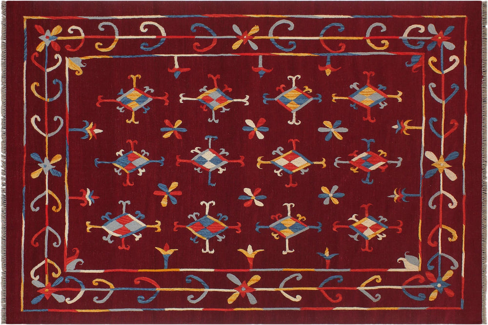 handmade Geometric Kilim Red Blue Hand-Woven RECTANGLE 100% WOOL area rug 6' x 7'