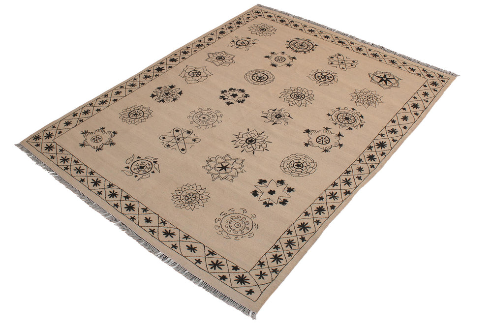handmade Modern Kilim Beige Black Hand-Woven RECTANGLE 100% WOOL area rug 6' x 8'