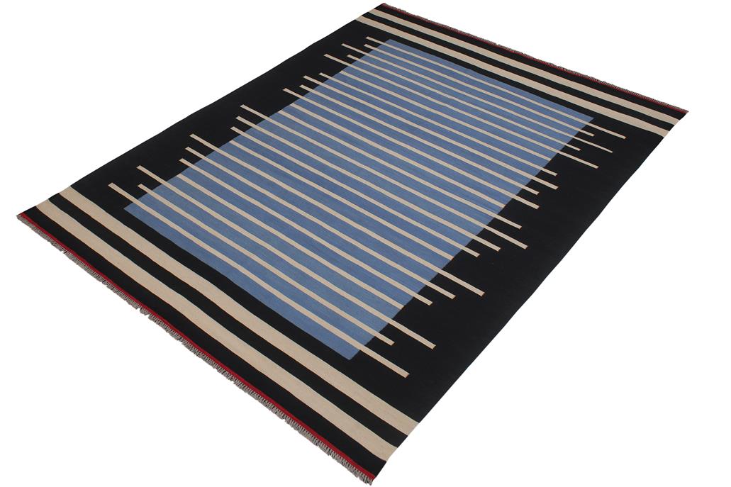 Flat Weave Kilim Antique Navaho Vintage handmade Modern Kilim Blue Black Hand-Woven Rectangle 100% Wool Area Rug 7x10 