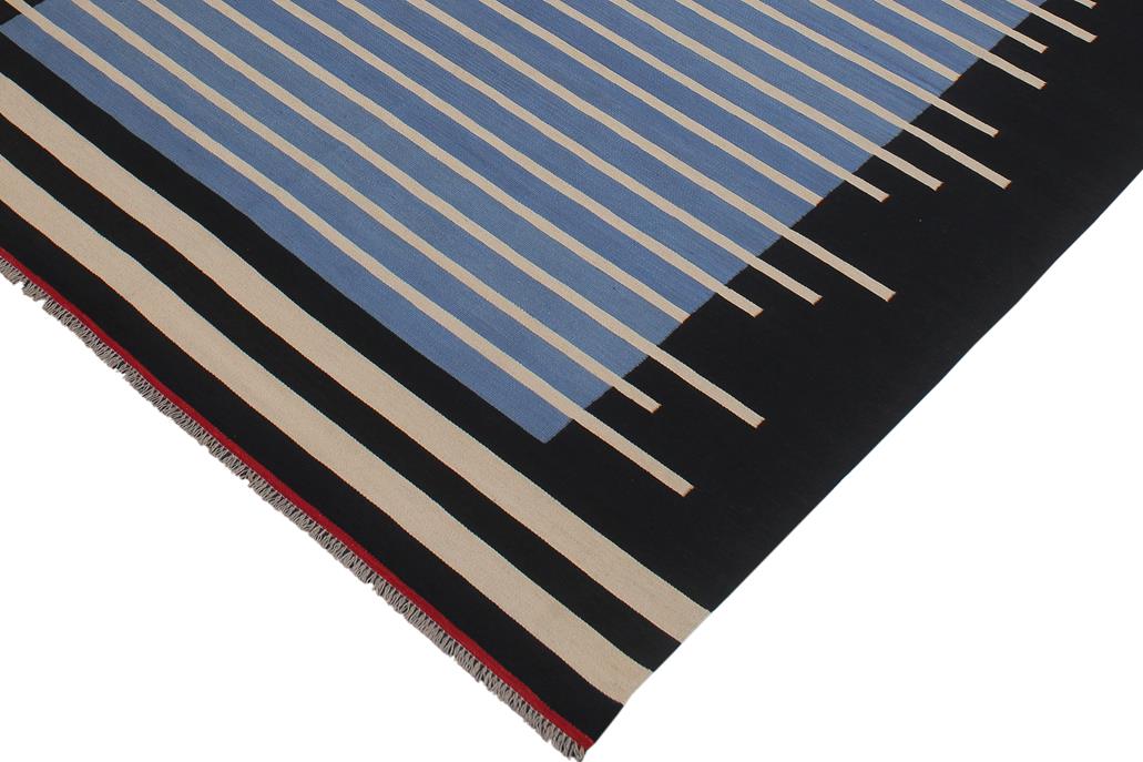 Flat Weave Kilim Antique Navaho Vintage handmade Modern Kilim Blue Black Hand-Woven Rectangle 100% Wool Area Rug 7x10 