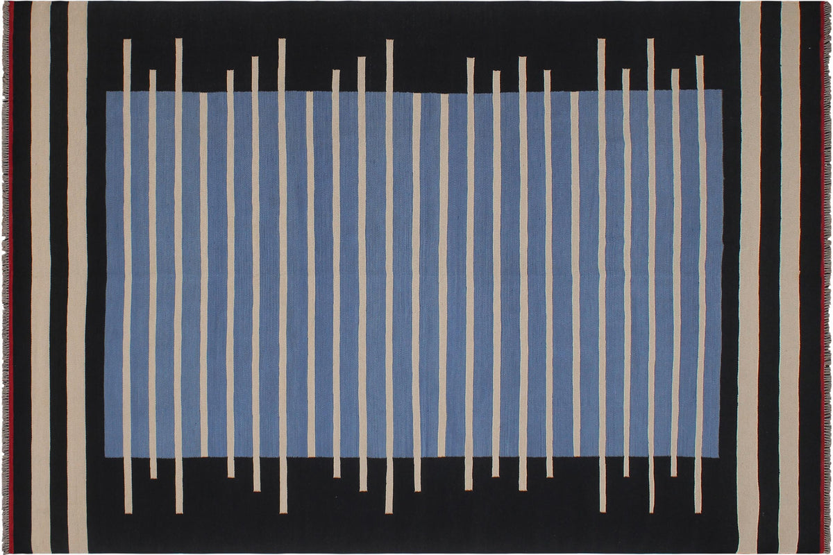 handmade Modern Kilim Blue Black Hand-Woven RECTANGLE 100% WOOL area rug 7x10