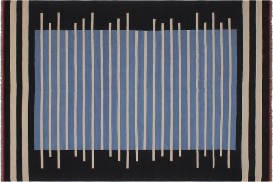 handmade Modern Kilim Blue Black Hand-Woven RECTANGLE 100% WOOL area rug 7x10