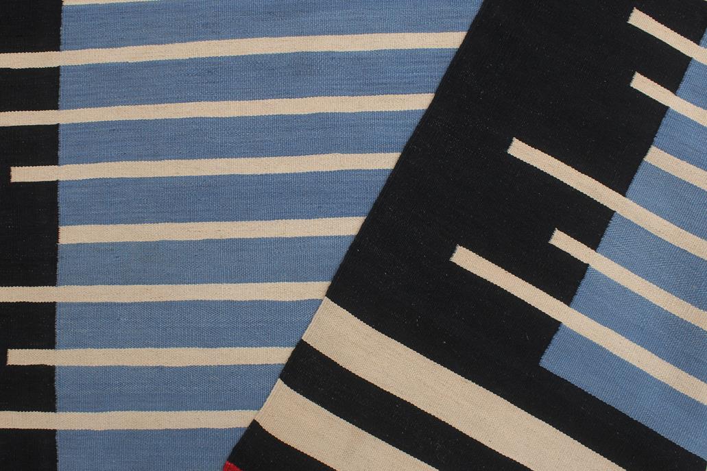Flat Weave Kilim Antique Navaho Vintage handmade Modern Kilim Blue Black Hand-Woven Rectangle 100% Wool Area Rug 7x10 
