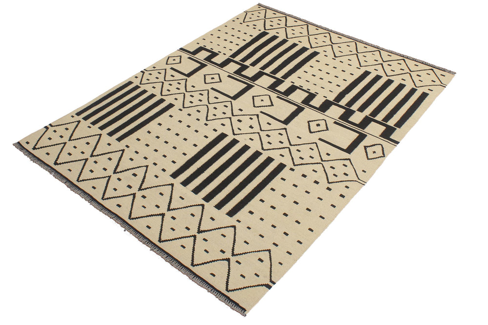 handmade Modern Kilim Beige Black Hand-Woven RECTANGLE 100% WOOL area rug 5' x 7'