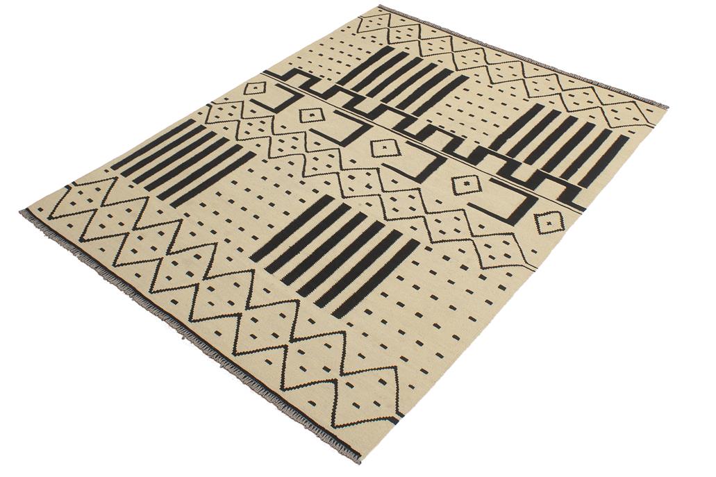 Flat Weave Kilim Antique Navaho Vintage handmade Modern Kilim Beige Black Hand-Woven Rectangle 100% Wool Area Rug 5x7 