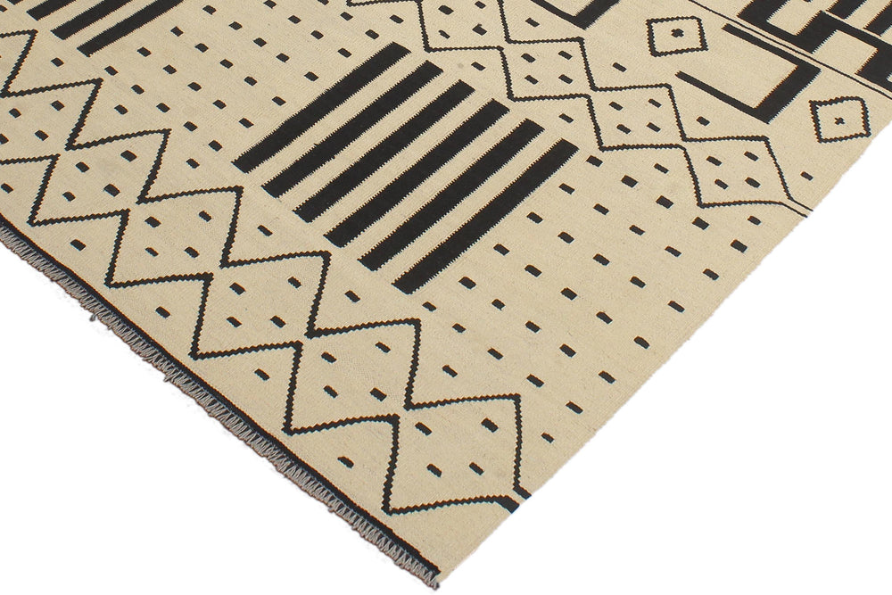 handmade Modern Kilim Beige Black Hand-Woven RECTANGLE 100% WOOL area rug 5' x 7'