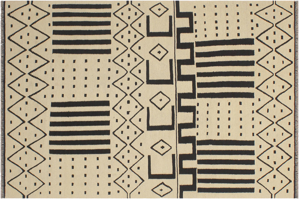 handmade Modern Kilim Beige Black Hand-Woven RECTANGLE 100% WOOL area rug 5' x 7'
