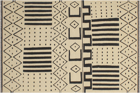 handmade Modern Kilim Beige Black Hand-Woven RECTANGLE 100% WOOL area rug 5' x 7'
