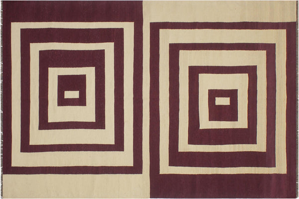 handmade Modern Kilim Beige Purple Hand-Woven RECTANGLE 100% WOOL area rug 6' x 10'