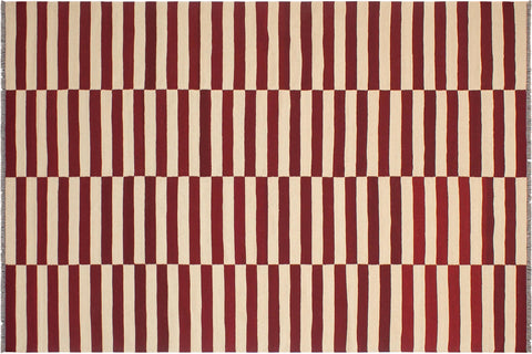 handmade Modern Kilim Beige Red Hand-Woven RECTANGLE 100% WOOL area rug 7' x 10'