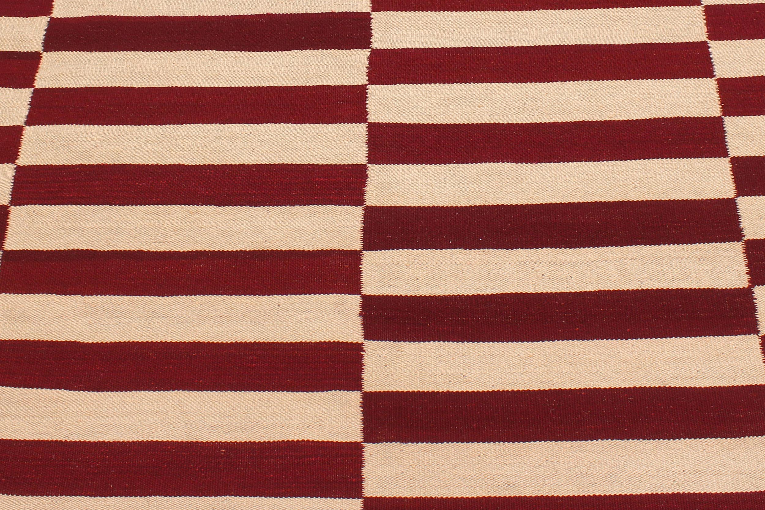 handmade Modern Kilim Beige Red Hand-Woven RECTANGLE 100% WOOL area rug 7' x 10'