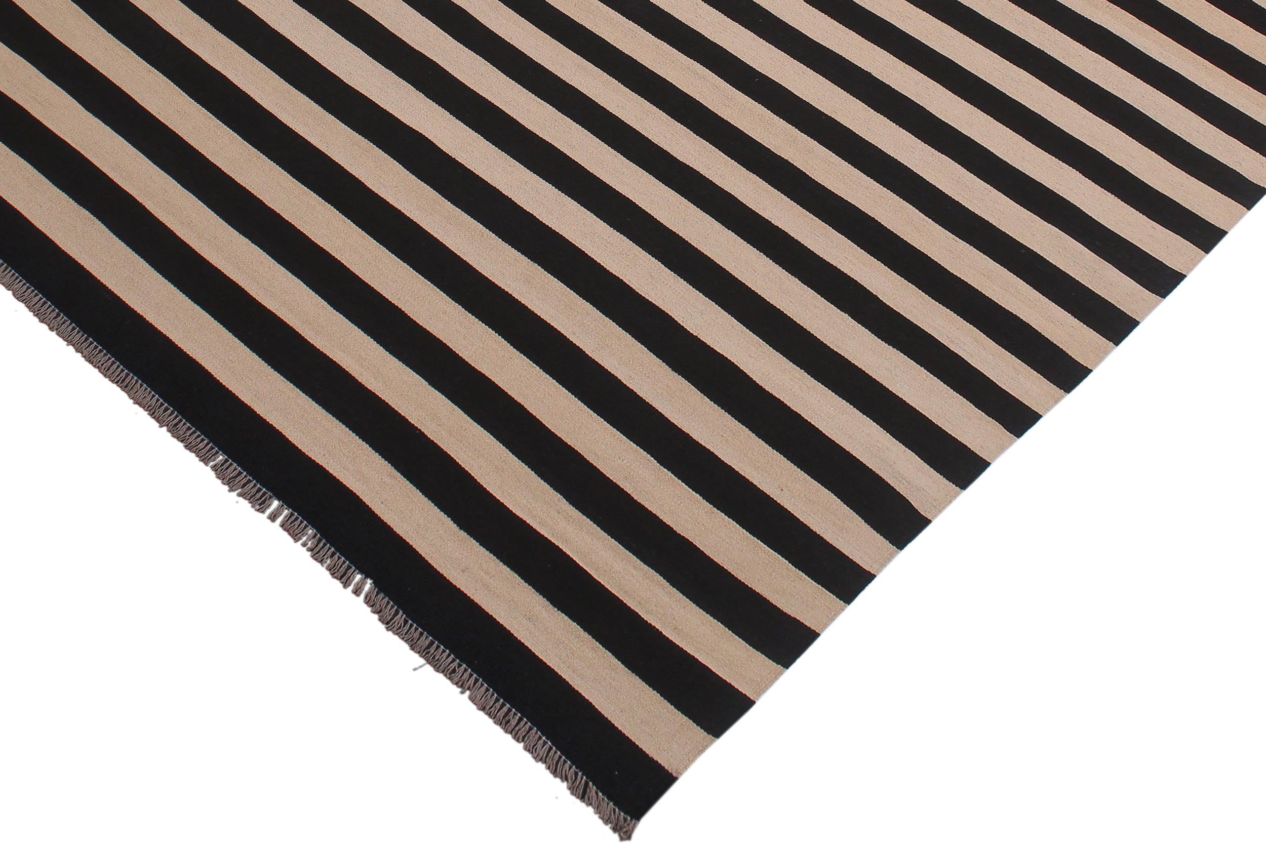 handmade Modern Kilim Beige Black Hand-Woven RECTANGLE 100% WOOL area rug 8' x 10'