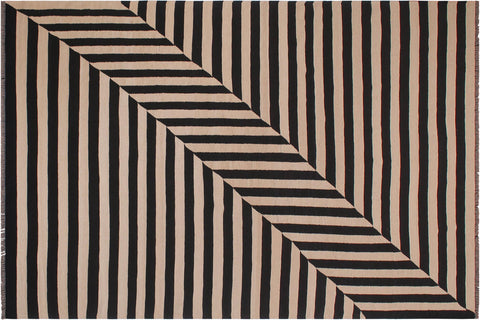 handmade Modern Kilim Beige Black Hand-Woven RECTANGLE 100% WOOL area rug 8' x 10'