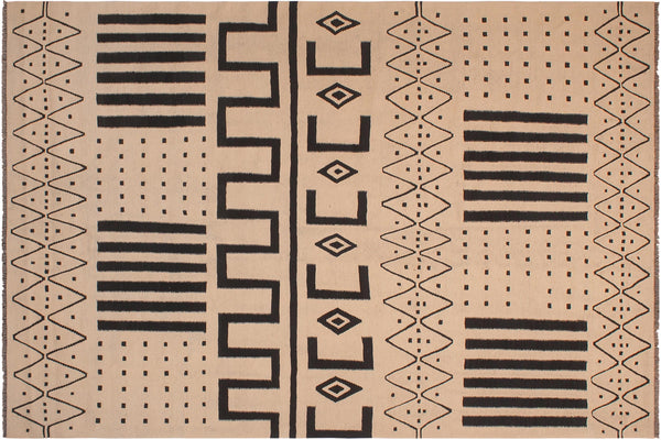 handmade Modern Kilim Beige Black Hand-Woven RECTANGLE 100% WOOL area rug 8' x 10'