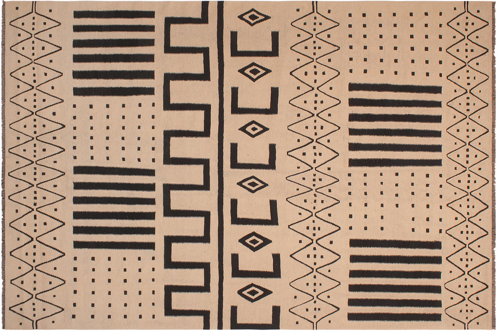 handmade Modern Kilim Beige Black Hand-Woven RECTANGLE 100% WOOL area rug 8' x 10'
