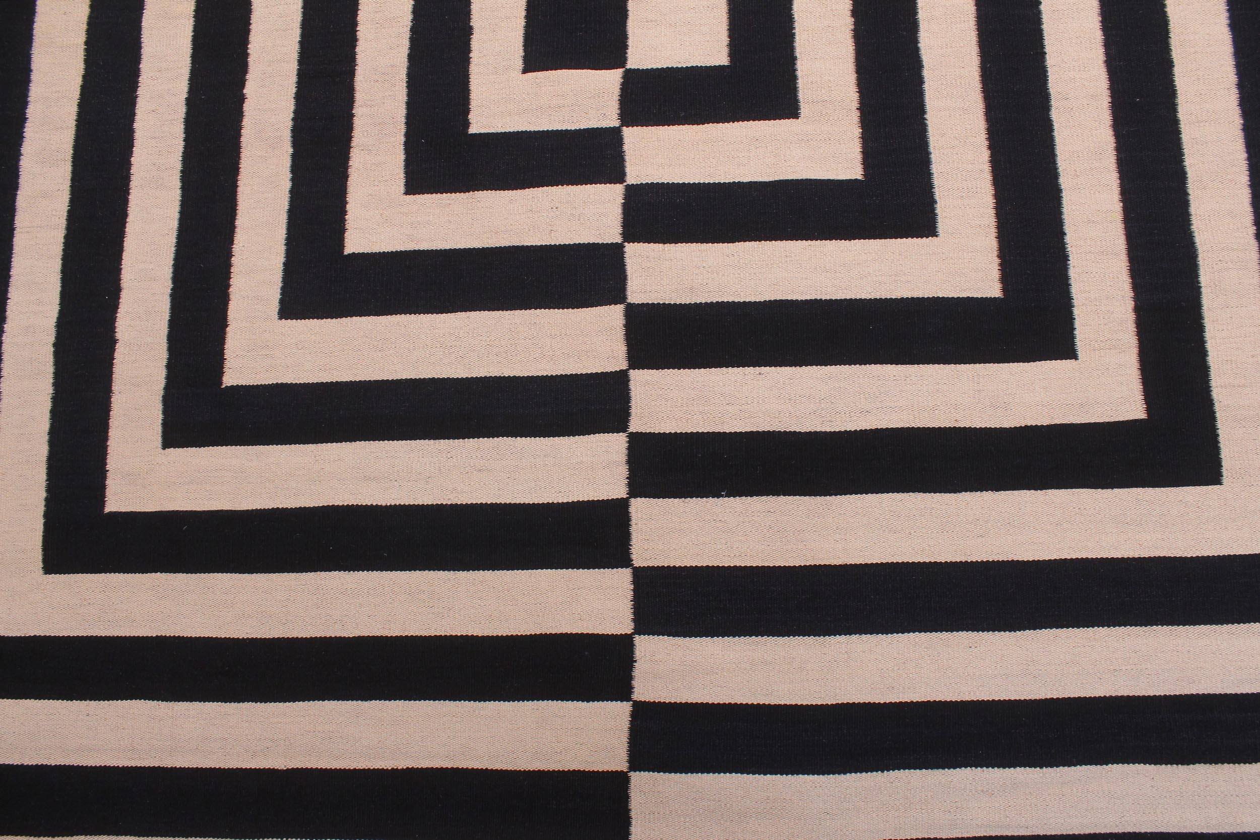 handmade Modern Kilim Beige Black Hand-Woven RECTANGLE 100% WOOL area rug 8' x 10'