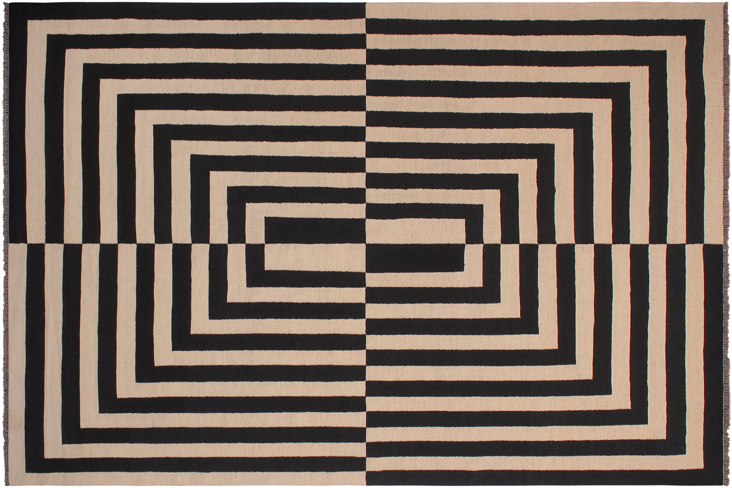 handmade Modern Kilim Beige Black Hand-Woven RECTANGLE 100% WOOL area rug 8' x 10'