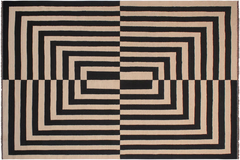 handmade Modern Kilim Beige Black Hand-Woven RECTANGLE 100% WOOL area rug 8' x 10'