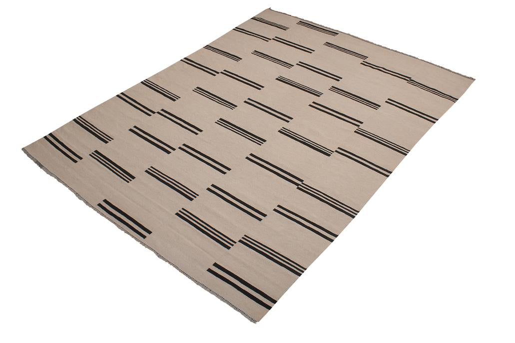 Flat Weave Kilim Antique Navaho Vintage handmade Modern Kilim Beige Black Hand-Woven Rectangle 100% Wool Area Rug 8x10 