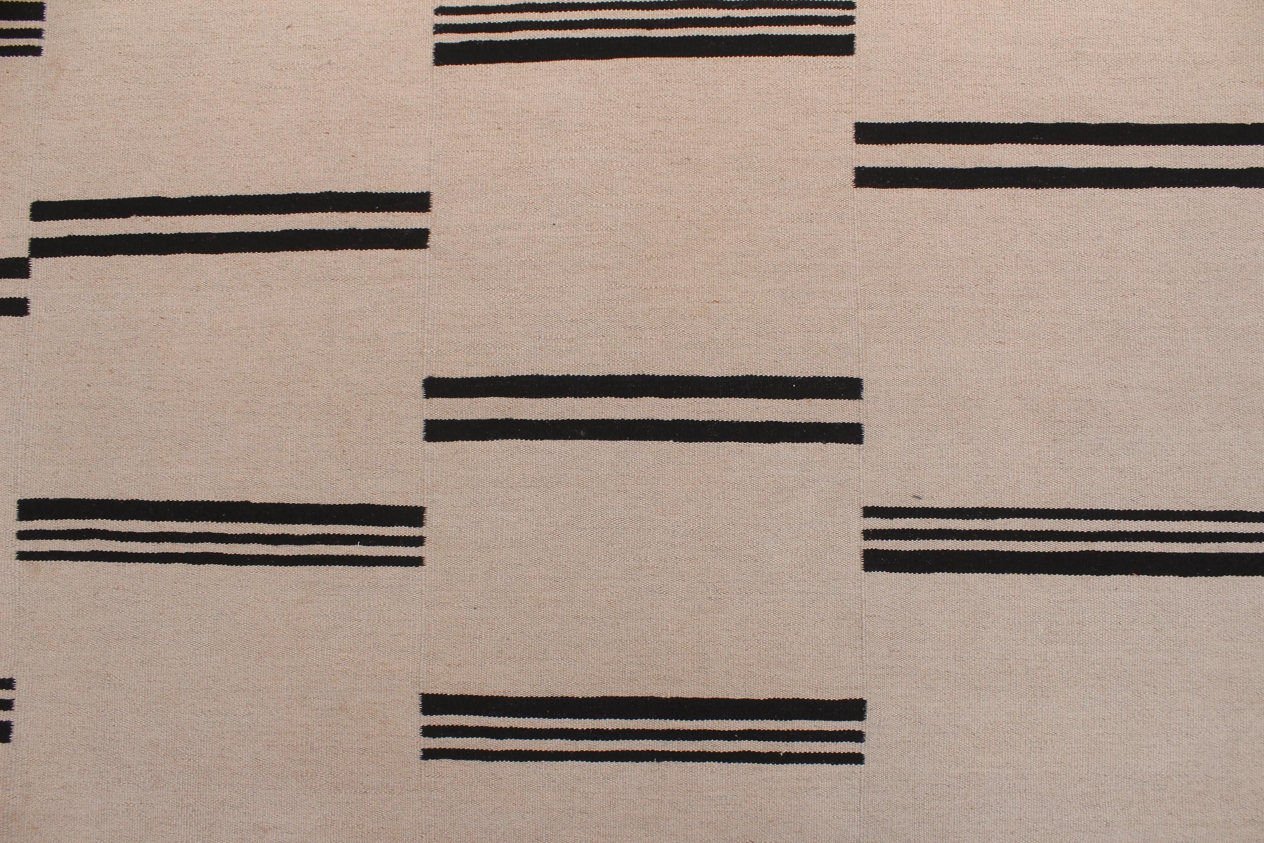 handmade Modern Kilim Beige Black Hand-Woven RECTANGLE 100% WOOL area rug 8' x 10'