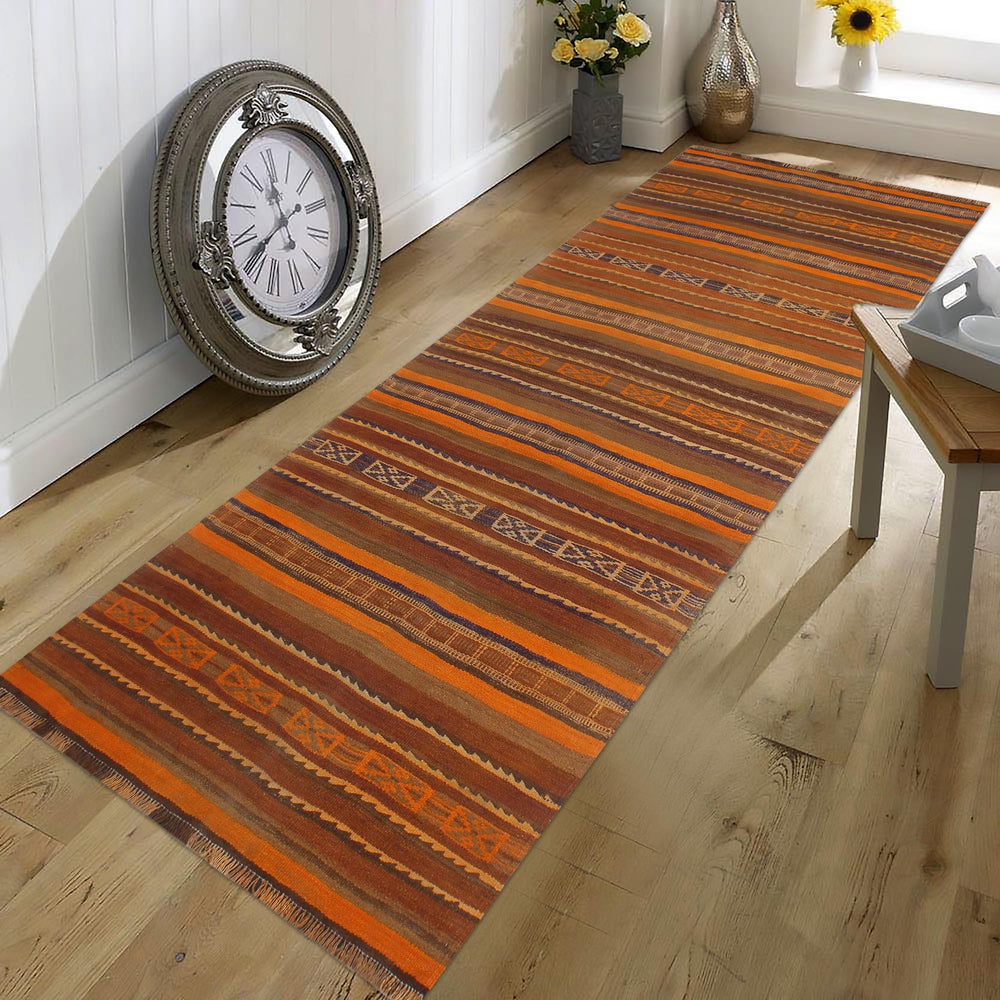 handmade Geometric Kilim Orange Brown Hand-Woven RUNNER 100% WOOL area rug 4' x 9'