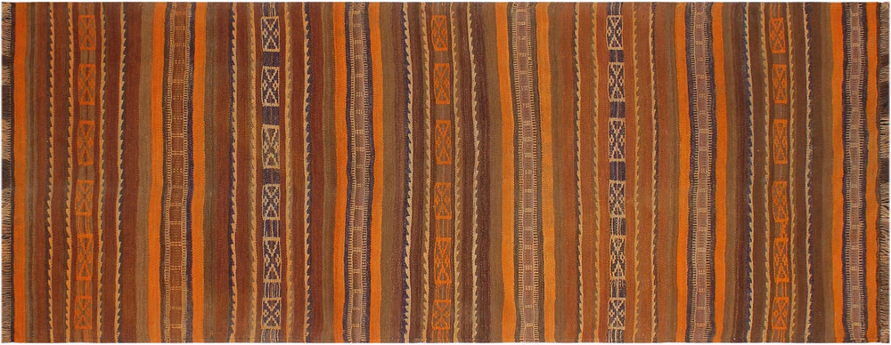 handmade Geometric Kilim Orange Brown Hand-Woven RUNNER 100% WOOL area rug 4' x 9'