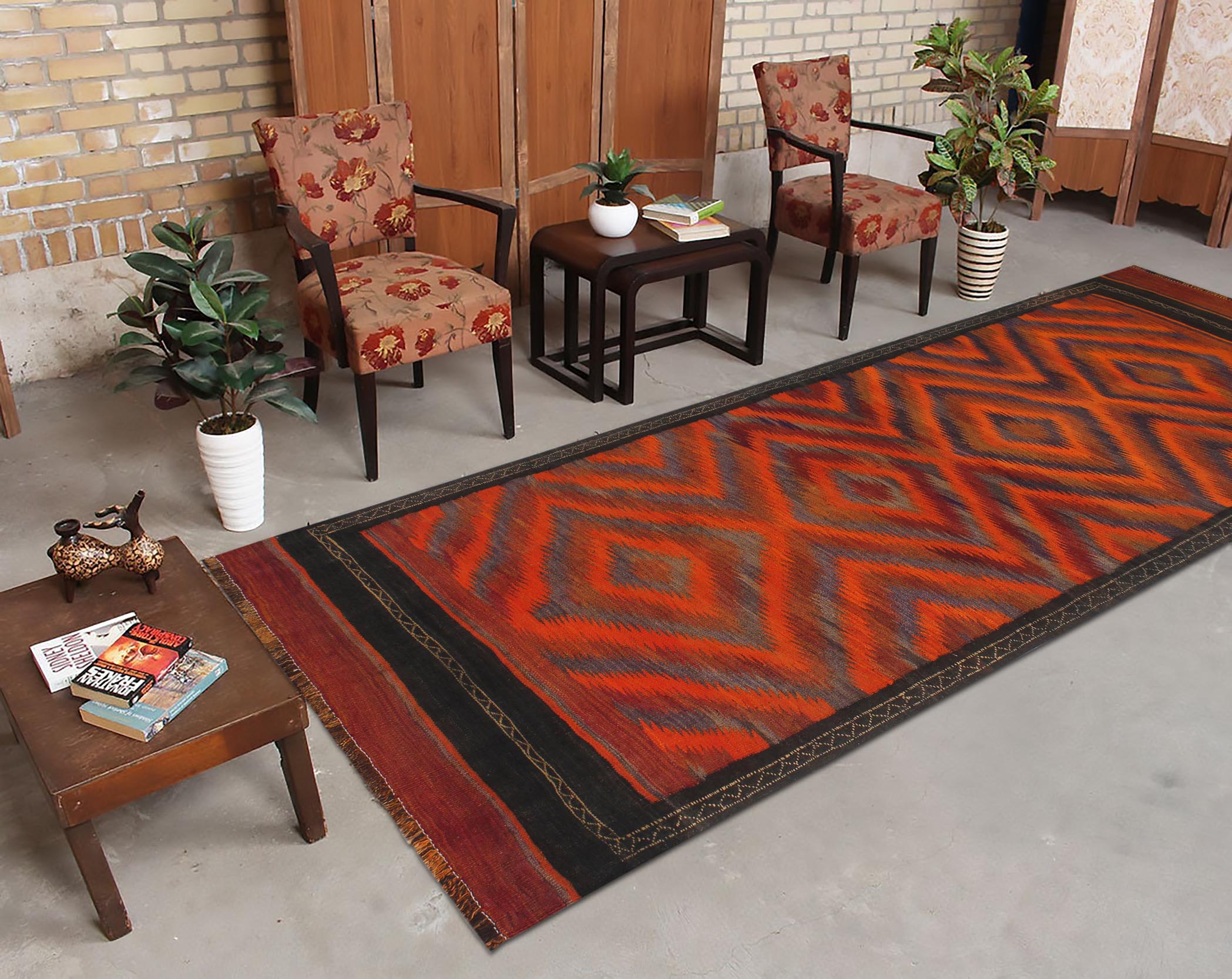 handmade Geometric Kilim Rust Brown Hand-Woven RUNNER 100% WOOL area rug 4' x 10'