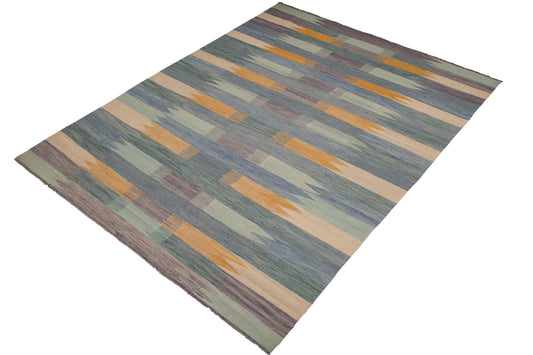 handmade Modern Kilim Blue Beige Hand-Woven RECTANGLE 100% WOOL area rug 9x12