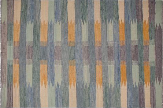 handmade Modern Kilim Blue Beige Hand-Woven RECTANGLE 100% WOOL area rug 9x12