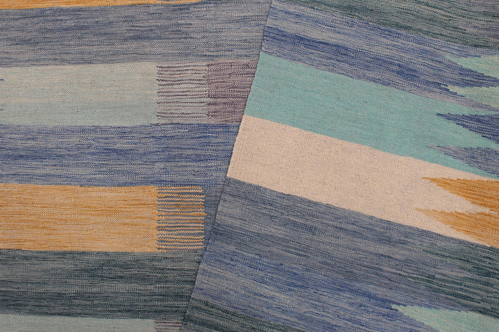 handmade Modern Kilim Blue Beige Hand-Woven RECTANGLE 100% WOOL area rug 9x12
