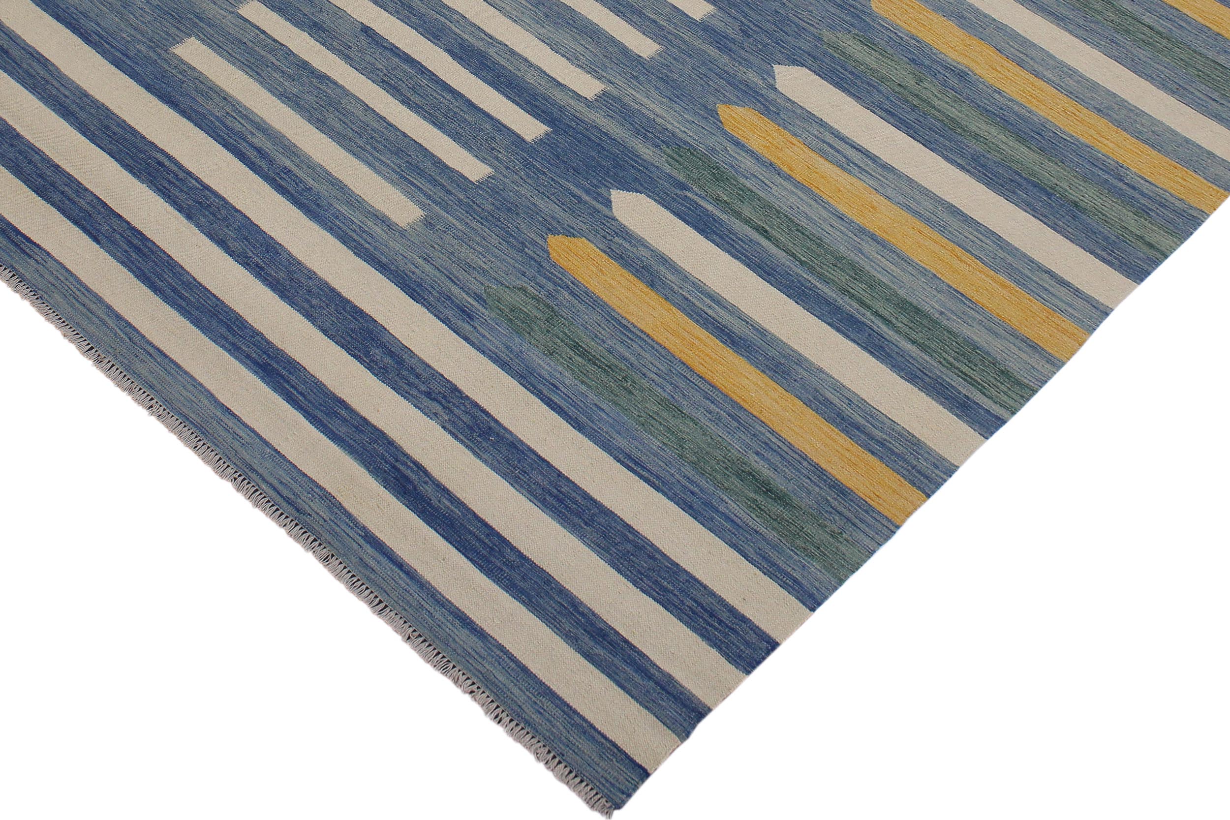 handmade Modern Kilim Blue Beige Hand-Woven RECTANGLE 100% WOOL area rug 9x12