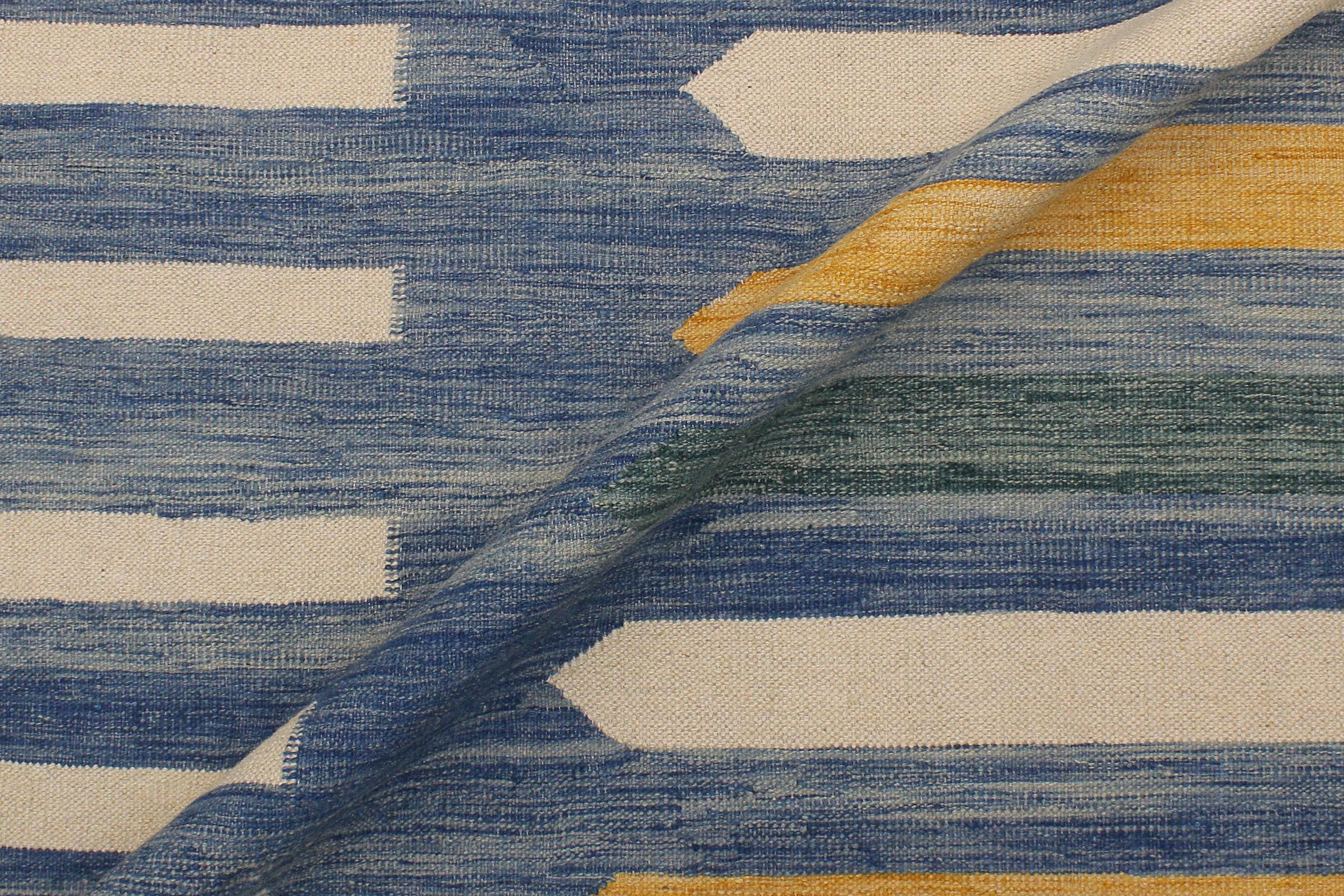 handmade Modern Kilim Blue Beige Hand-Woven RECTANGLE 100% WOOL area rug 9x12