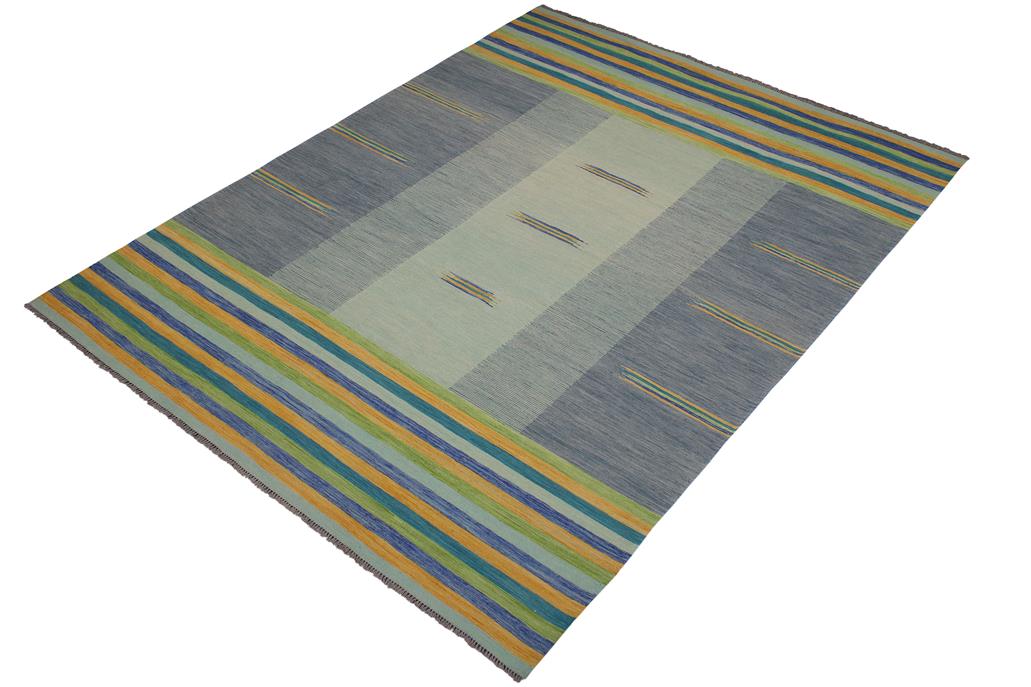 Flat Weave Kilim Antique Navaho Vintage handmade Modern Kilim Blue Gold Hand-Woven Rectangle 100% Wool Area Rug 9x11 
