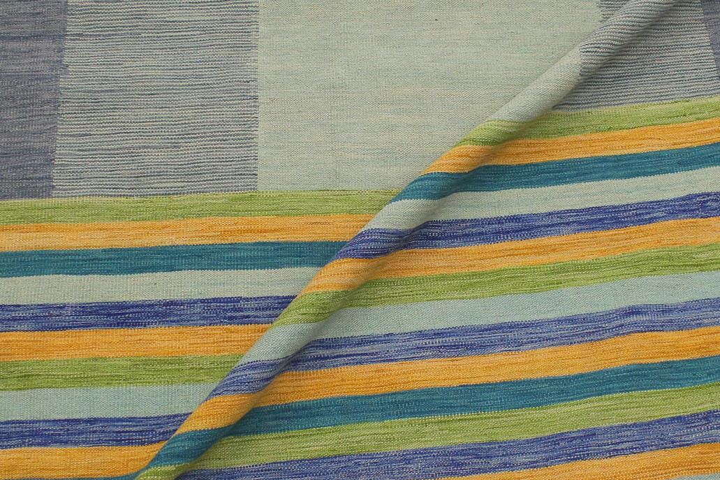 Flat Weave Kilim Antique Navaho Vintage handmade Modern Kilim Blue Gold Hand-Woven Rectangle 100% Wool Area Rug 9x11 