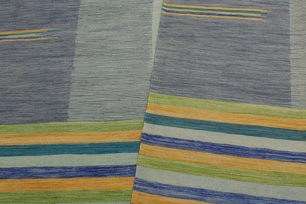 handmade Modern Kilim Blue Gold Hand-Woven RECTANGLE 100% WOOL area rug 9x11